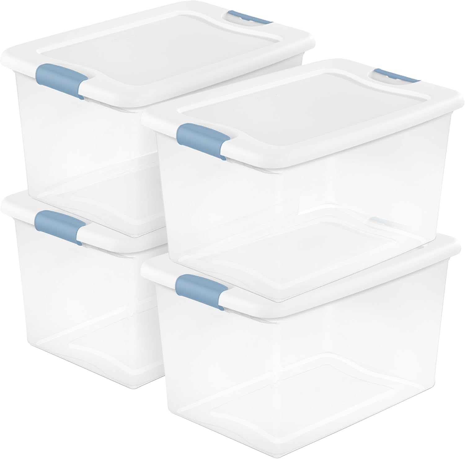 Sterilite 4-Pack 64 Quart Latching Box. Clear Plastic Storage Organizer Bins with White Lids - Large Stackable Containers for Home Bedroom. Dorm Room. and Closet Organization