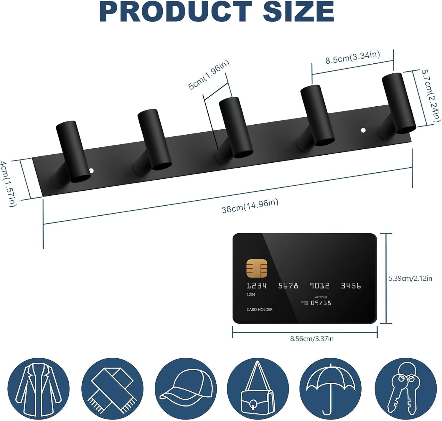 VAEHOLD Black Hat and Coat Wall Mount Rack 5 Hooks for Robes. Bags. Keys. and Towels Bathroom Towel Hanger Organizer (1 Pack) - Image 3