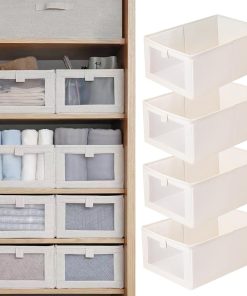 Pradnel Linen Closet Organizers And Storage. 4 Pack Storage Bins Baskets for Organization Foldable Organizer with Clear Window Organizing Clothing. Jeans. Shelves