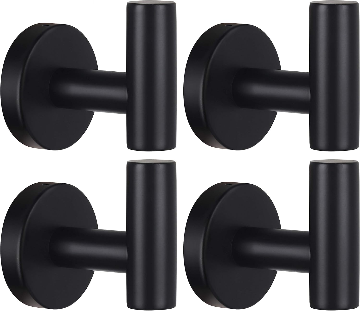 Towel Hooks Bathroom Coat Robe Wall Hook Heavy Duty Door Hanger Towel Robe Clothes Cabinet Closet Sponges Rack for Bathroom Bedroom Kitchen Hotel Pool 4 Packs Black(Drilling Installation)