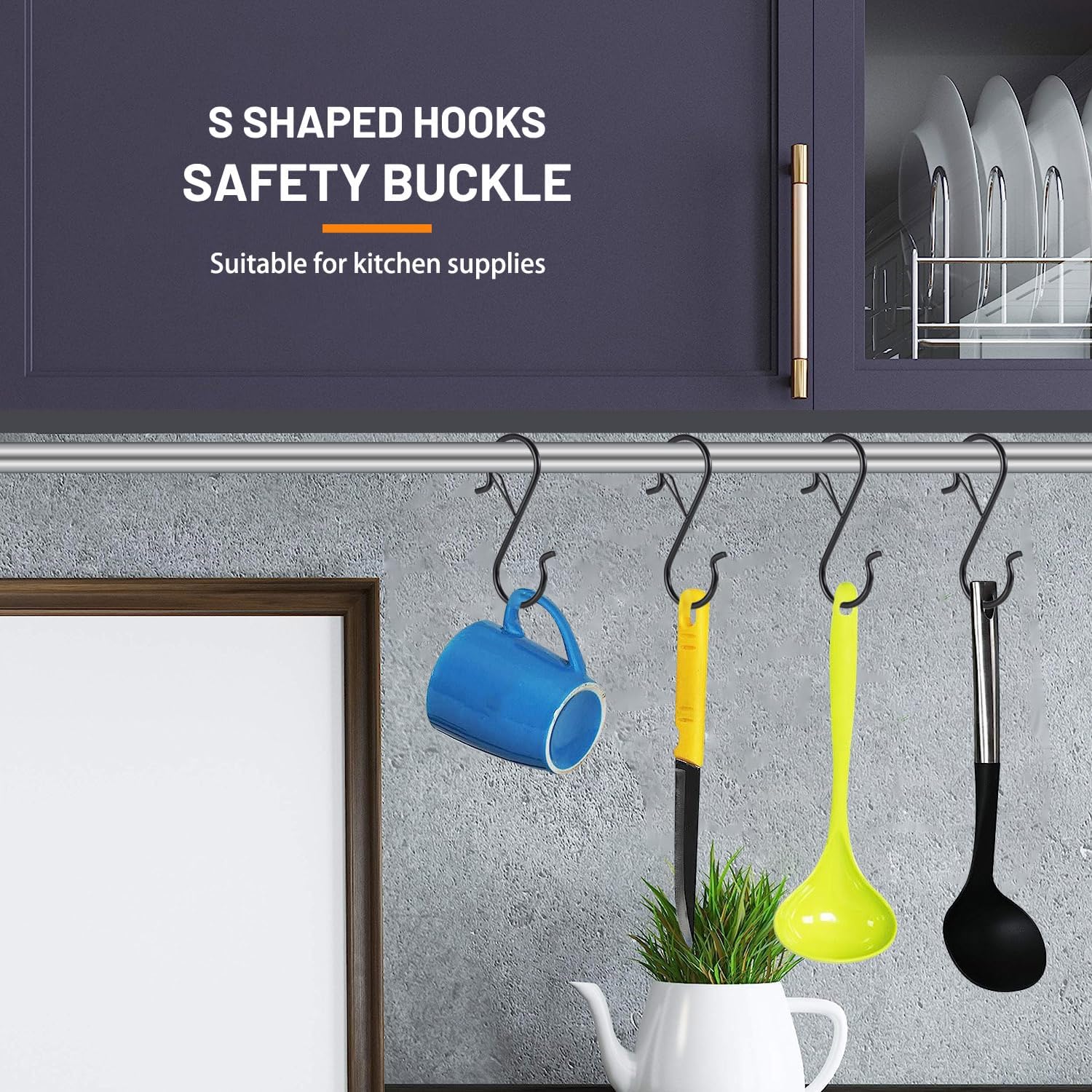 12 PCS S Hooks for Hanging with Safety Buckle | 3.5 inch Heavy Duty Metal S Shaped Hooks for Kitchen Utensil. Cups. Pots. Plants. Bags. Hats (Black) - Image 7